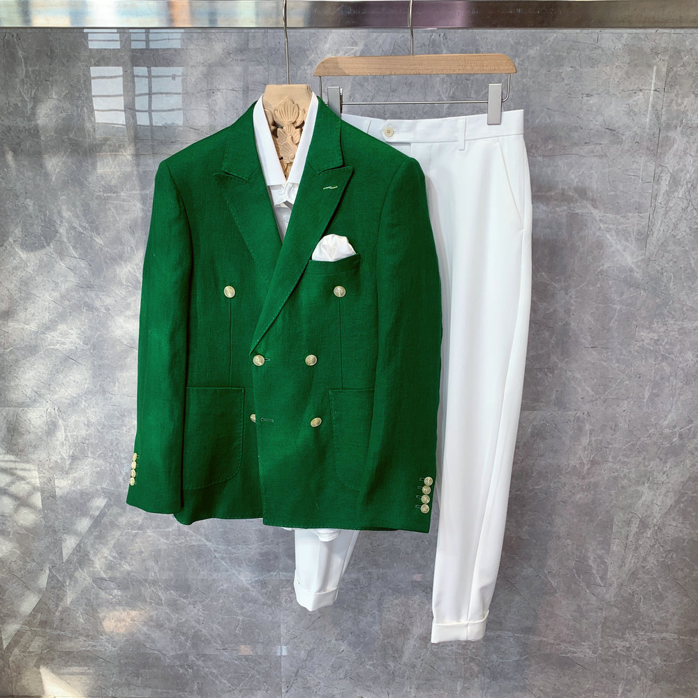 英伦风修身双排扣亚麻西装外套男士韩版潮流休闲时尚西服套装轻熟