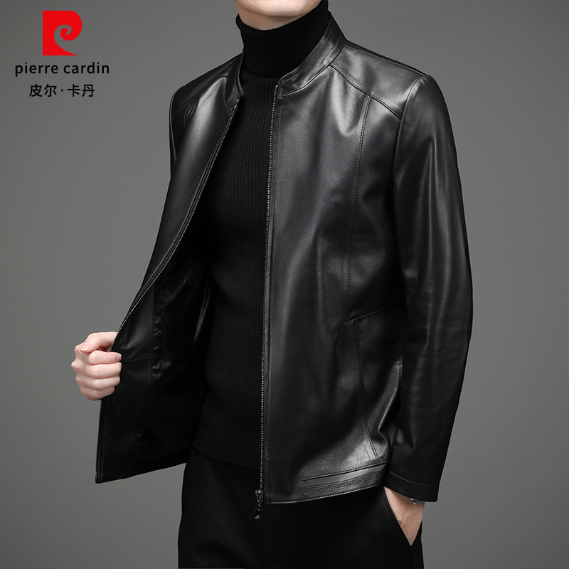 皮尔卡丹立领春秋绵羊皮皮衣男真皮外套海宁皮夹克春季男装潮加绒