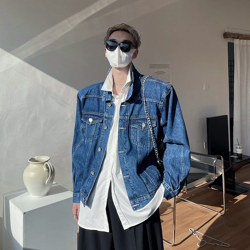 春秋ins风超火垫肩短款水洗牛仔夹克男女宽松纯色百搭痞帅外套潮