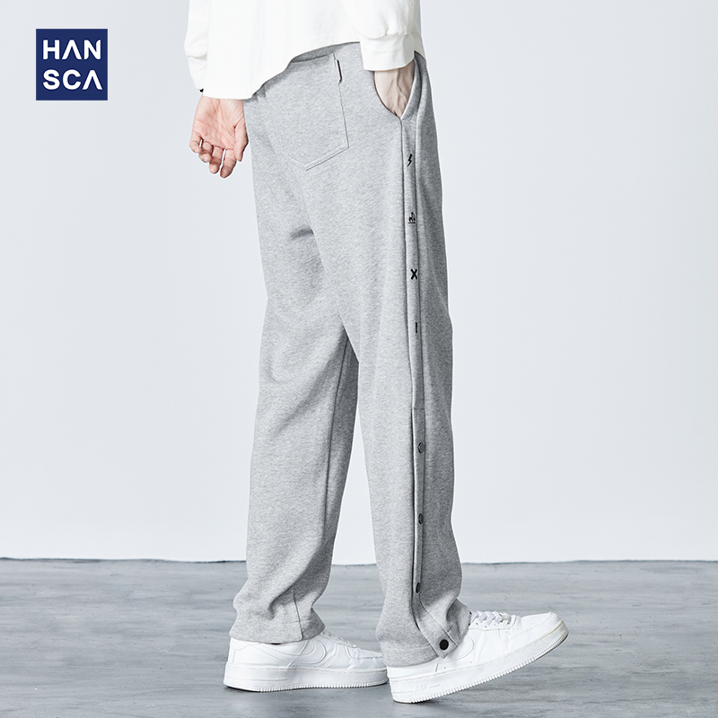 汉斯卡排扣运动裤男秋冬款宽松直筒休闲长裤男篮球抽绳拖地卫裤男