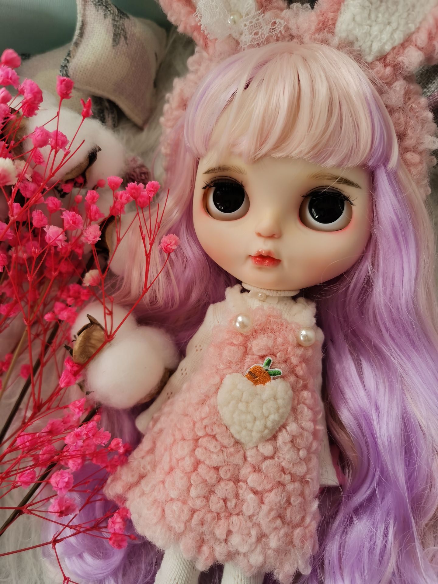 blythe小布布娃娃改妆嘟嘟嘴边角兔耳朵套装手工改娃bjd娃娃