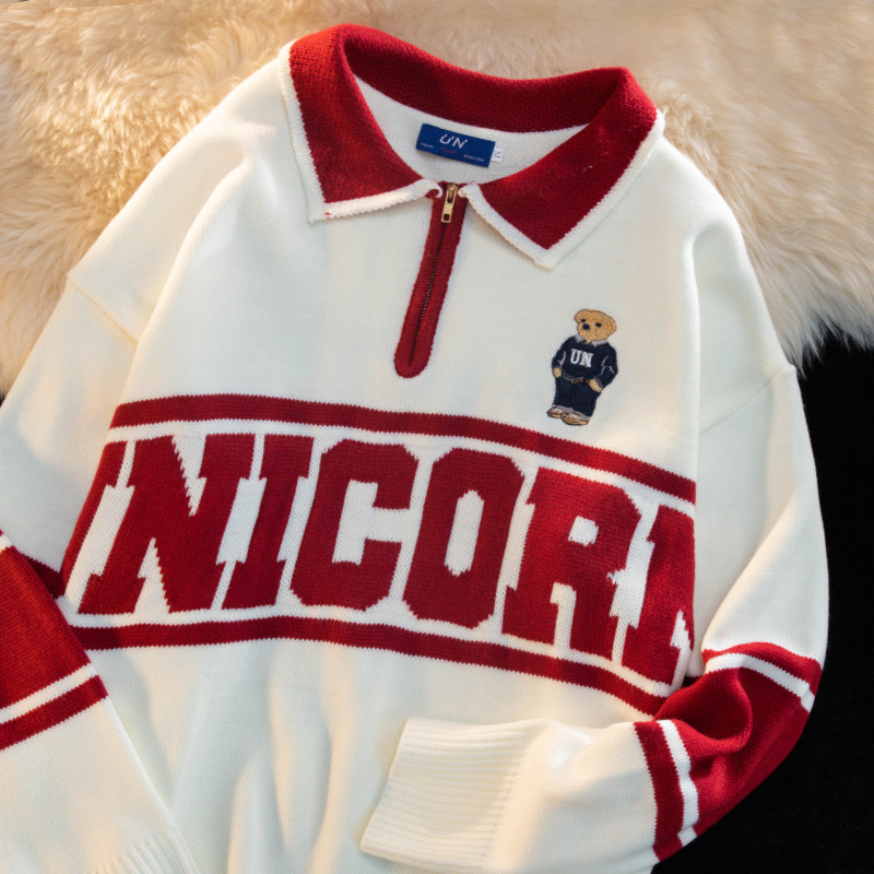 KKyesiou美式复古vintage刺绣小熊学院风情侣翻领针织衫男女毛衣