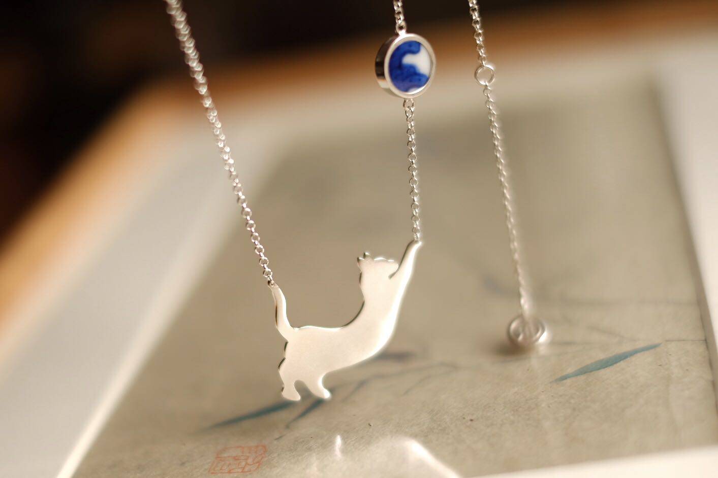 青花一川饰品猫咪项链双面古瓷宠物手工定制项链