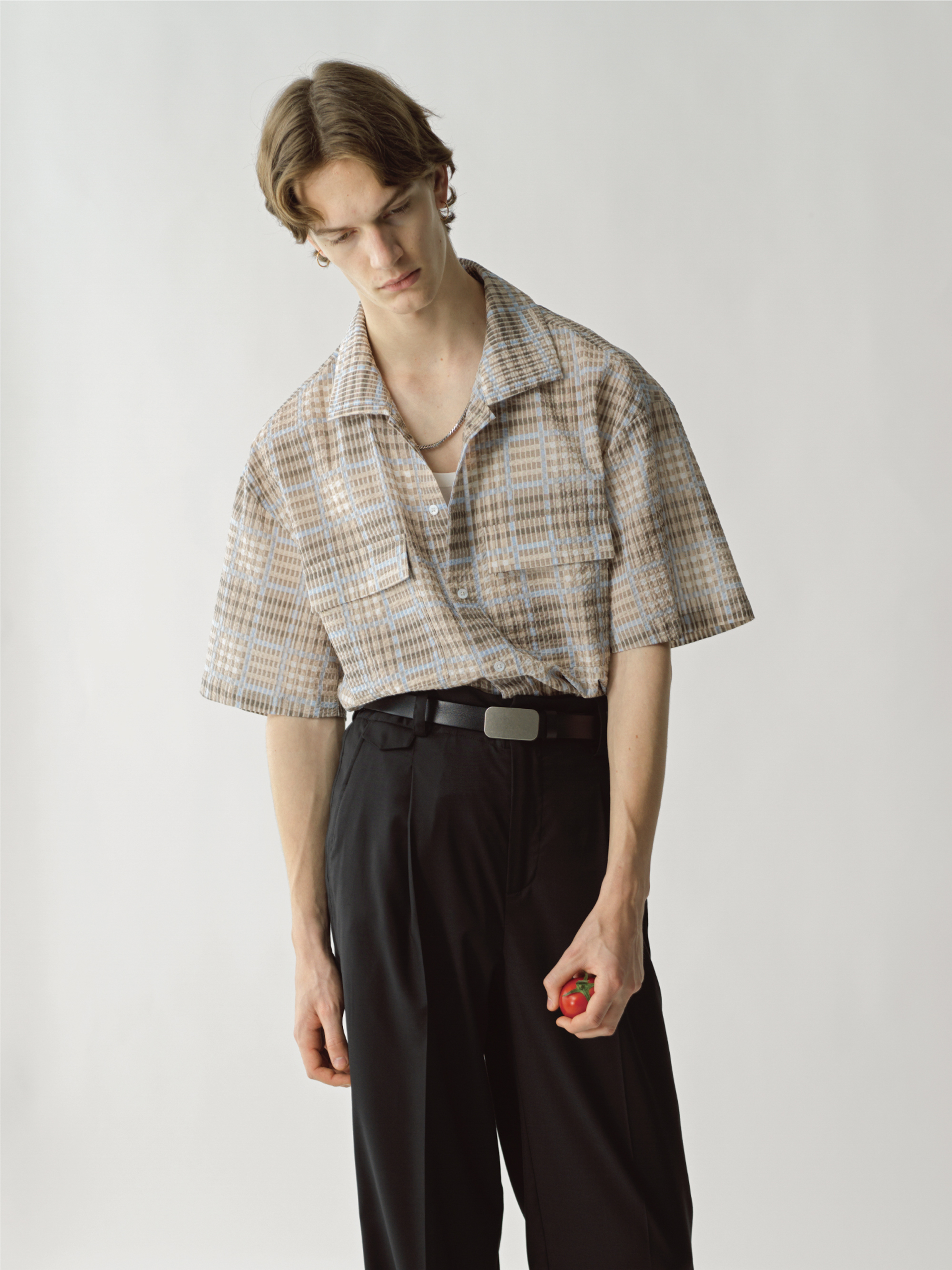 GrainMustard 纯棉肌理感格纹古巴领宽松廓形春夏原创短袖衬衫男