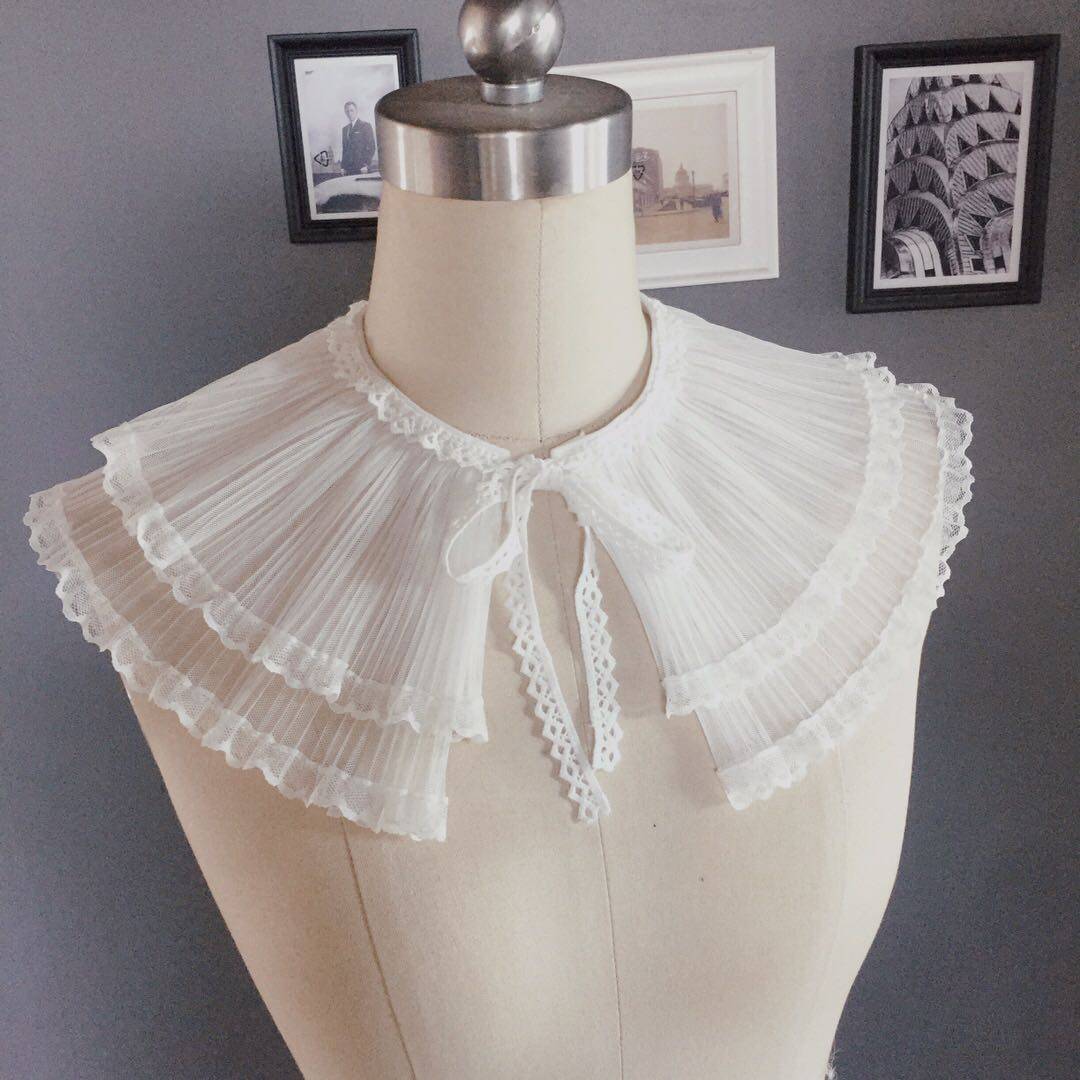 公主领子韩糸淑女风扇扇形双层蕾丝百褶糸带假领