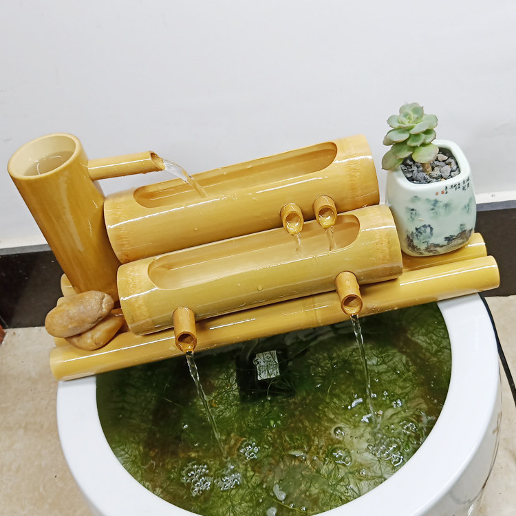 竹筒流水器 竹子造型风水轮加湿招财 水景过滤器陶瓷鱼缸石槽摆件