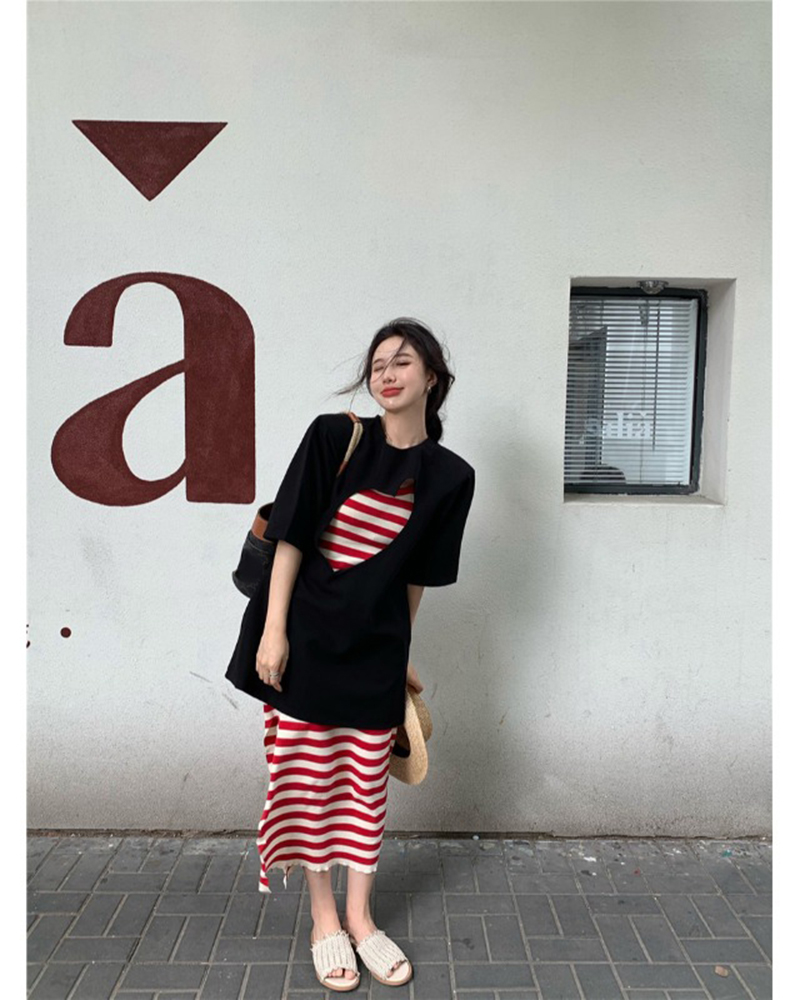 黑色短袖t恤女装夏季2022新款设计感小众镂空宽松百搭中长款上衣