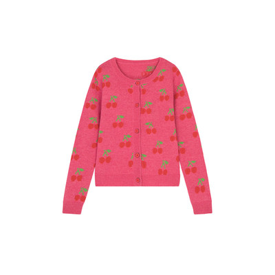 钱夫人秋装短款小清新樱桃粉色毛衣女宽松甜美套头短袖羊毛针织衫