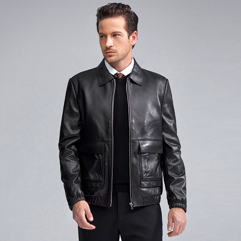 报喜鸟2021秋季新款男士短款休闲真皮翻领皮衣皮衣