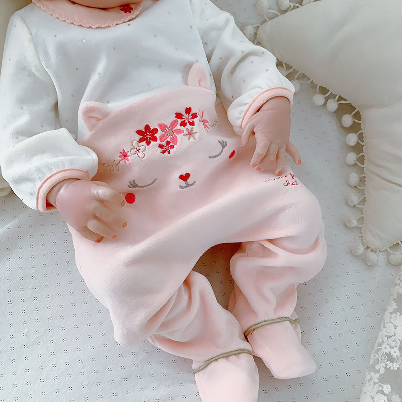 法单大牌欧洲宝宝婴童加绒天鹅刺绣连体衣爬服连身衣