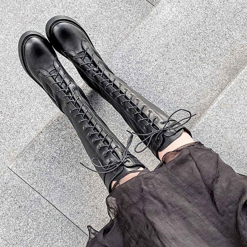 高筒靴女靴子冬季骑士靴长筒过膝加绒网红平跟弹力平底长靴马丁靴