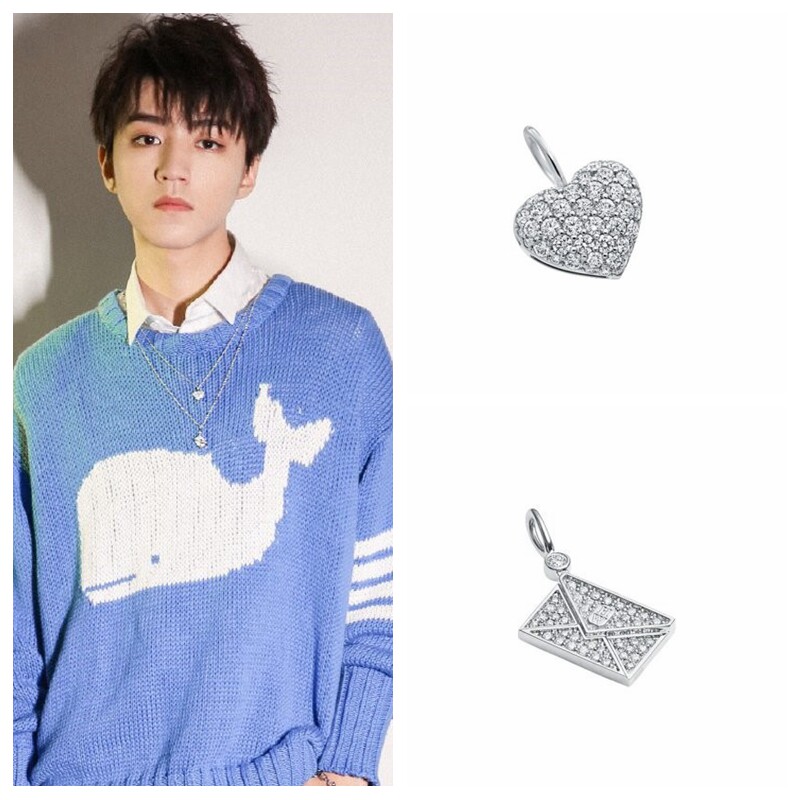 王俊凯同款hwlogo铂金信笺爱心镶钻吊坠项链项链