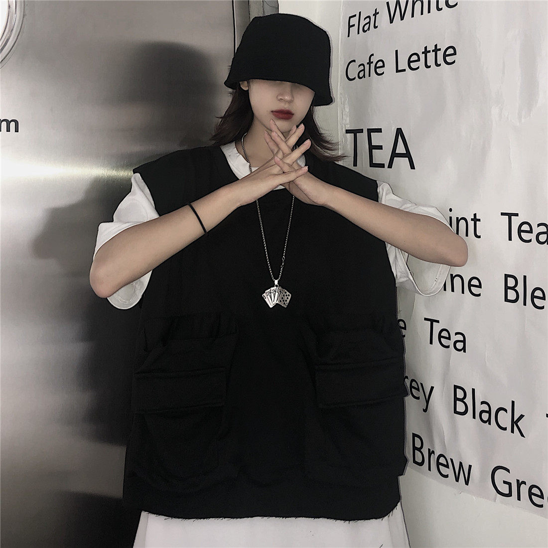 马甲宽松夹背马夹背工装学生上衣无袖圆领外穿马夹