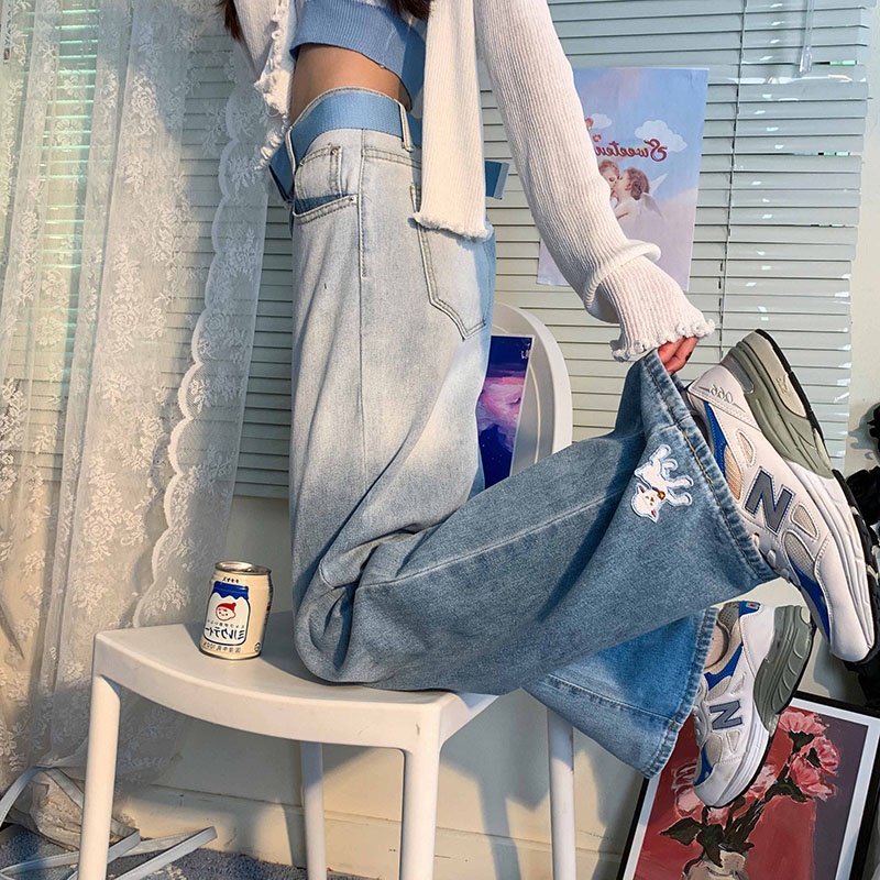 小众设计感高腰牛仔裤女2022新款春季显瘦直筒裤子宽松阔腿裤长裤