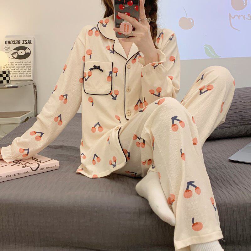 棉纱皱布睡衣女春秋冬季网红红樱桃开衫长袖2022睡衣