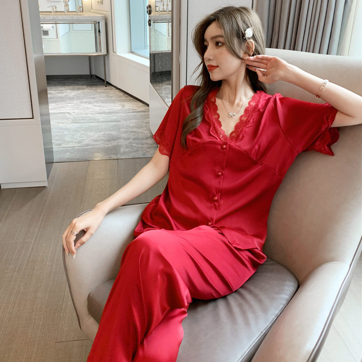 2022夏季睡衣红色韩版性感蕾丝仿真丝绸短袖睡衣