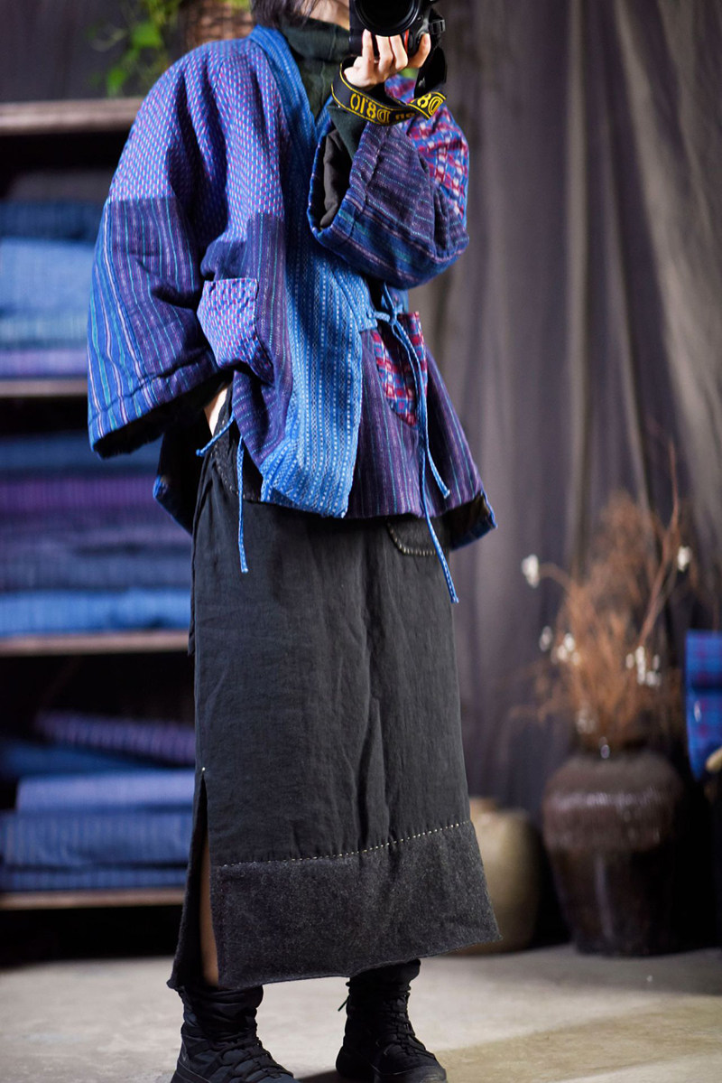 民族风土布拼接棉衣秋冬原创棉麻提花斜襟系带棉衣