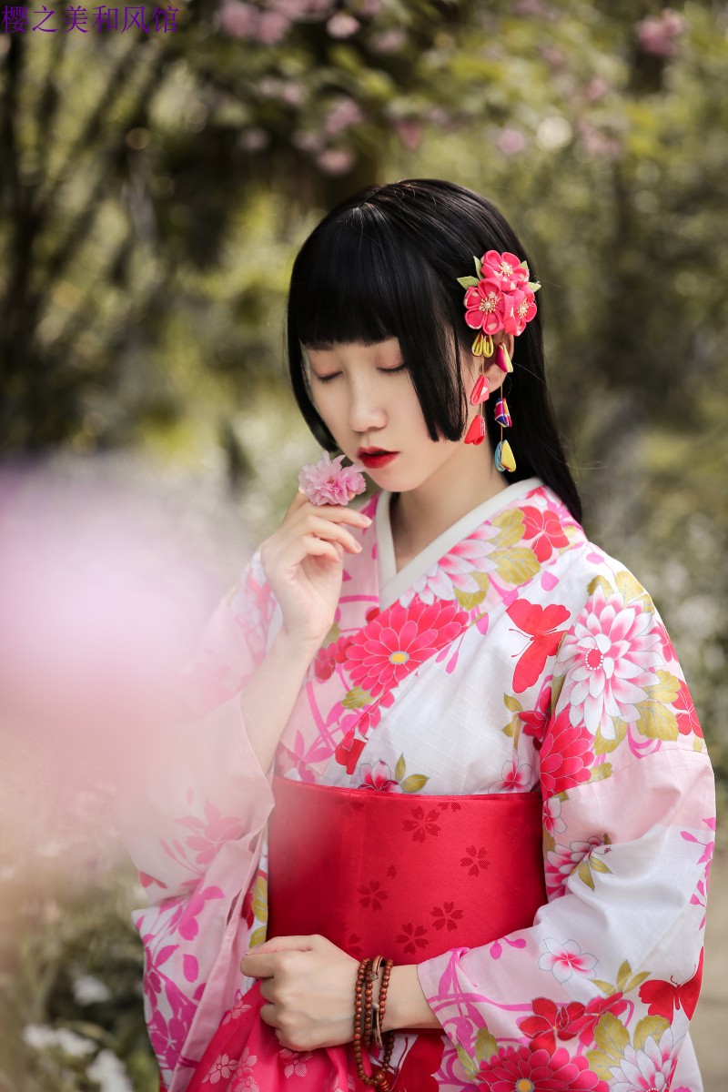 和服樱之美日本浴衣正装女粉红色蝴蝶樱花熨烫全套民族服装