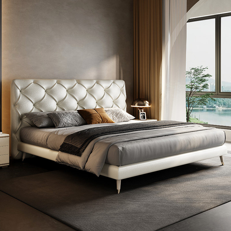 意式真皮床头牛皮现代简约大小户型轻奢双人床主卧皮艺床