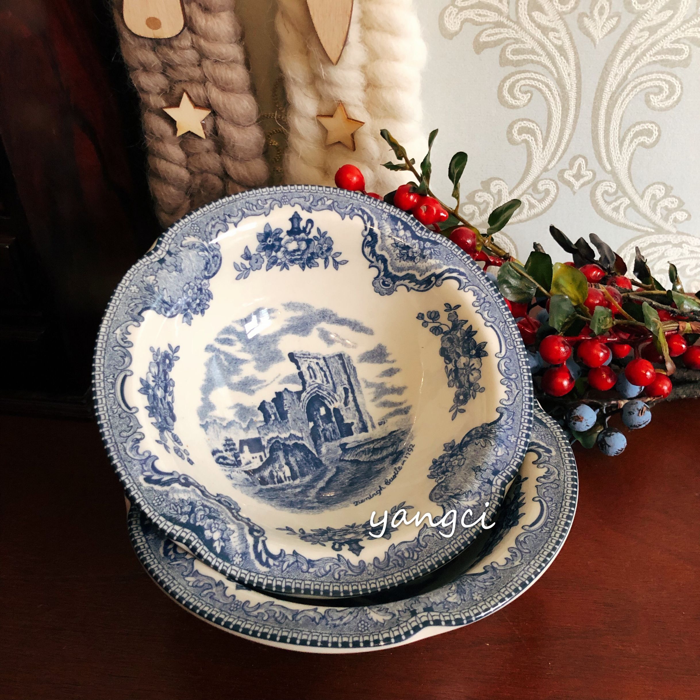 年后发货! 出口英国约翰兄弟蓝城堡釉下彩宽边谷物碗 早餐碗饭碗