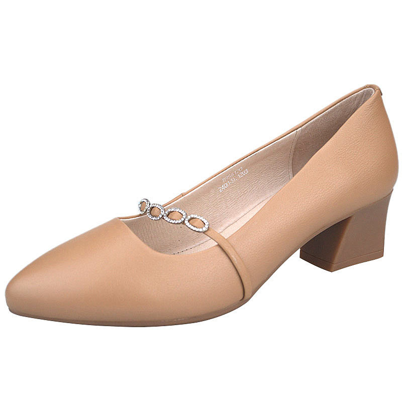 孚德2019春秋新款牛皮尖头浅口女鞋中跟通勤单鞋