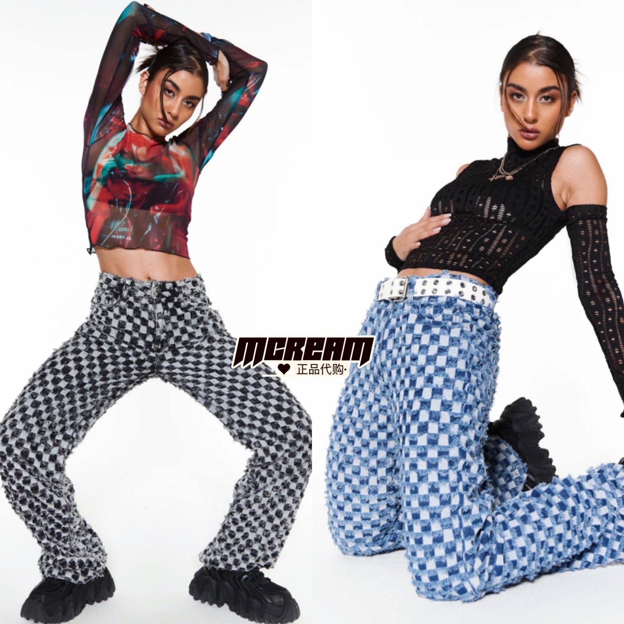 正品代购jadedlondon特别抓丝设计棋盘格直筒男友牛仔裤2色