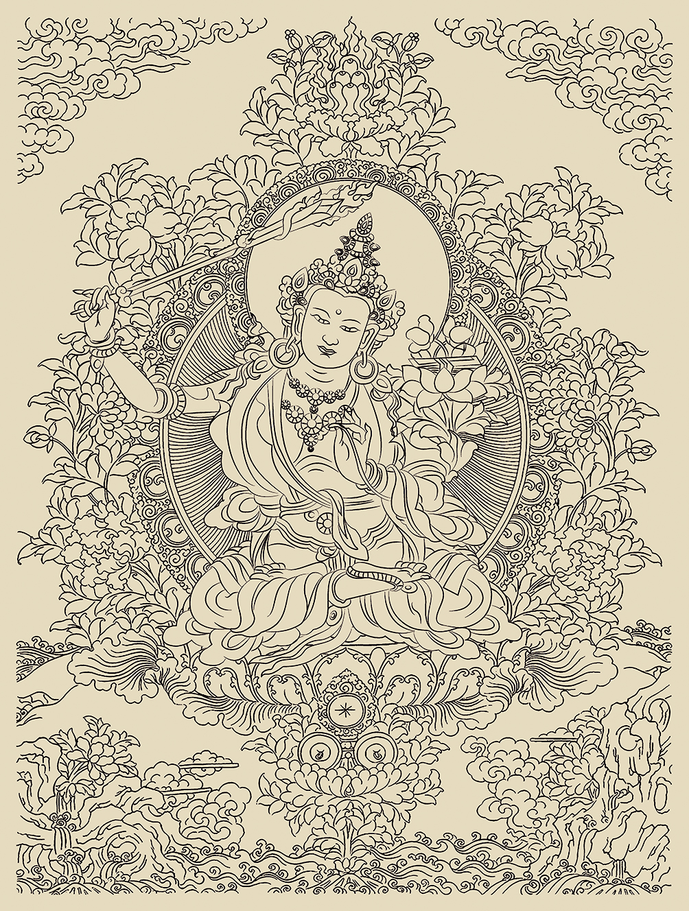 文殊菩萨描金唐卡静心减压佛像涂色线稿diydiy