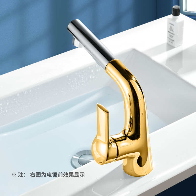 雅鼎全铜面盆抽拉式水龙头卫生间冷热二合一洗脸洗手台盆伸缩龙头