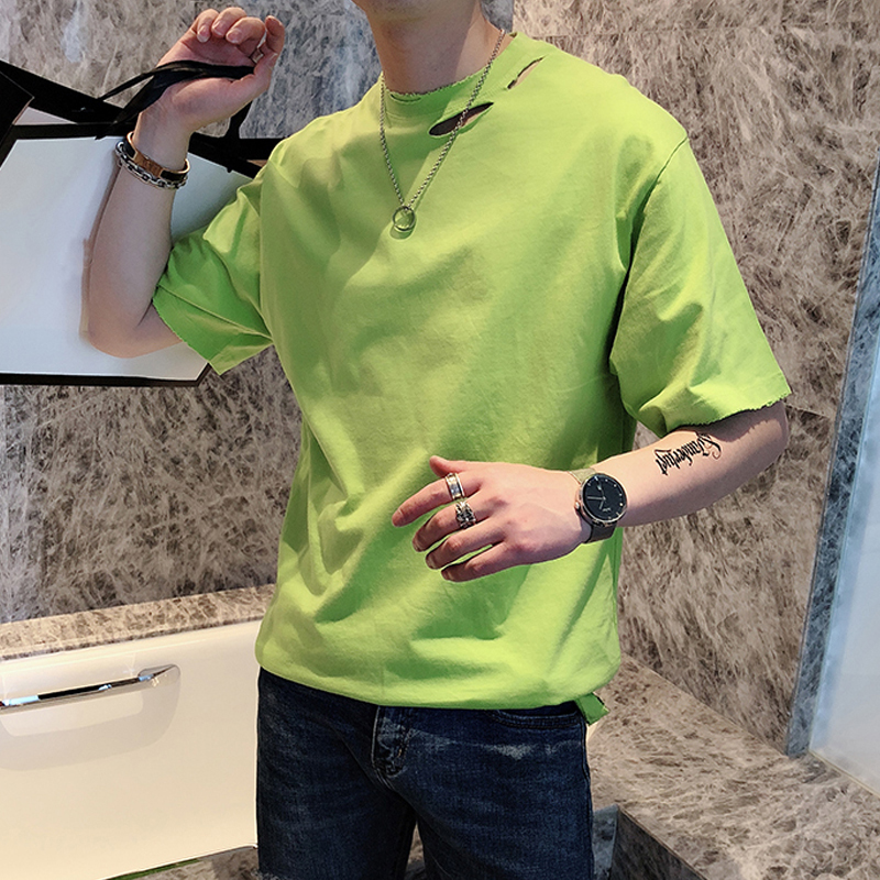 夏季纯棉纯色短袖T恤男韩版bf宽松打底衫潮牌破洞白色半袖T上衣服