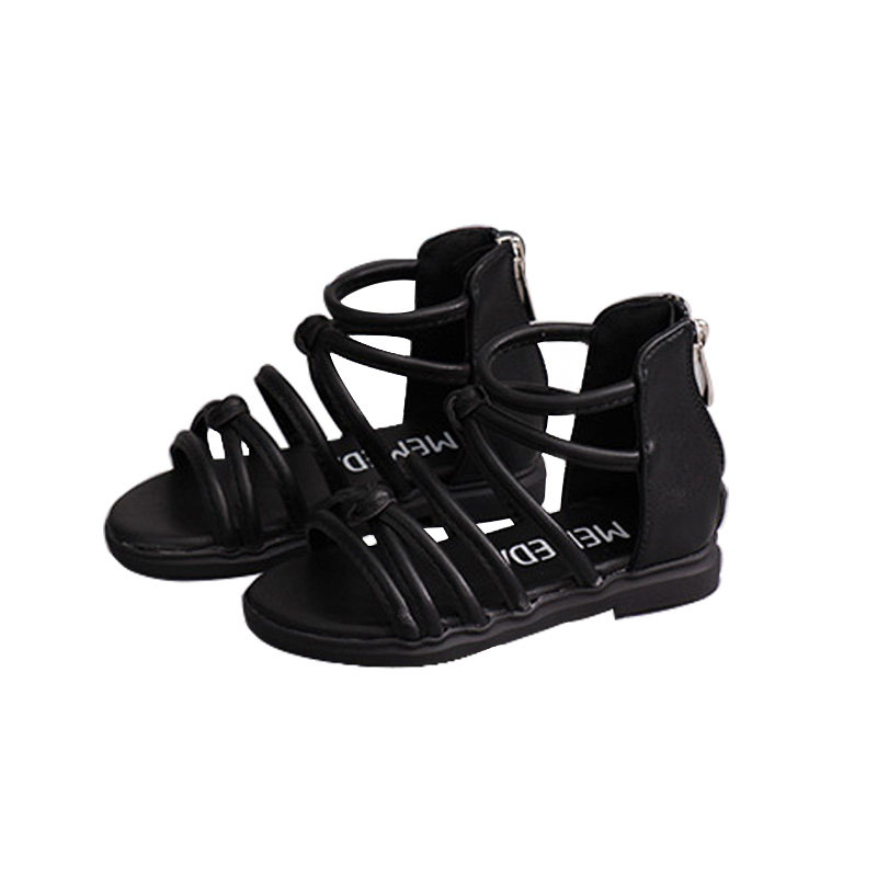 女童宝宝5女公主儿童平底童鞋罗马小童黑色凉鞋