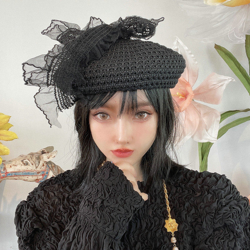 suzzi法式复古蕾丝蝴蝶结飘带网纱贝雷帽暗黑哥特帽子