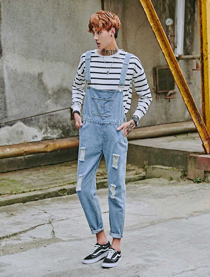 春秋潮男英伦小脚吊带裤男士韩版修身破洞连体牛仔长裤情侣背带裤