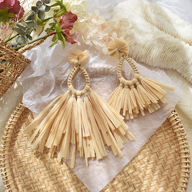 lepomelo原创手工编织拉菲草大耳耳环度假欧美耳环