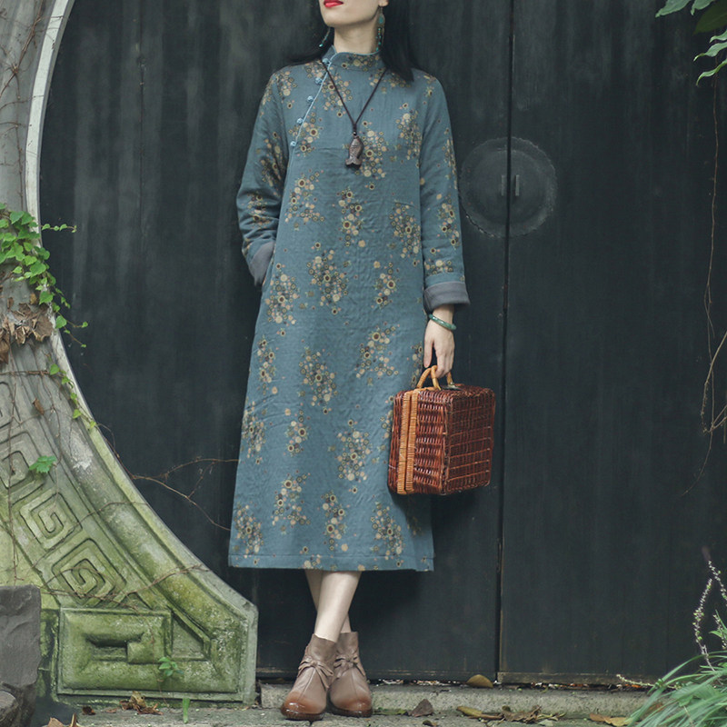 江南棉麻禅意旗袍改良连衣裙秋冬长袖加绒加厚连衣裙