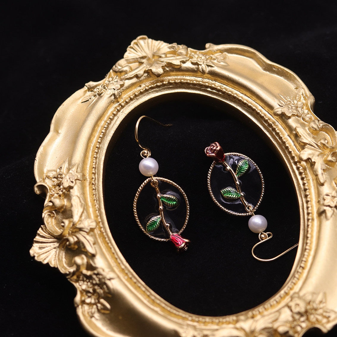 复古玫瑰花宫廷耳环天然淡水珍珠银针过敏法式耳环