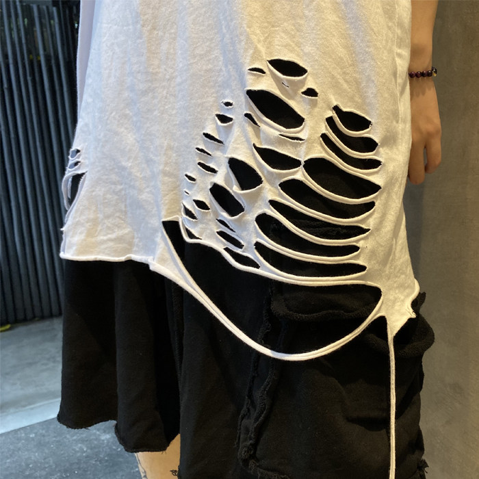 高街破坏下摆破洞背心暗黑丧系破烂无袖嘻哈背心吊带