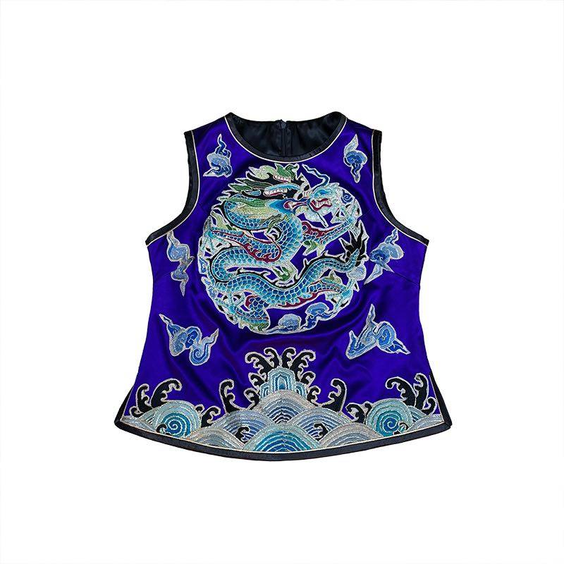 云饰图腾原创设计女装马夹老绣团龙个性百搭马夹背心