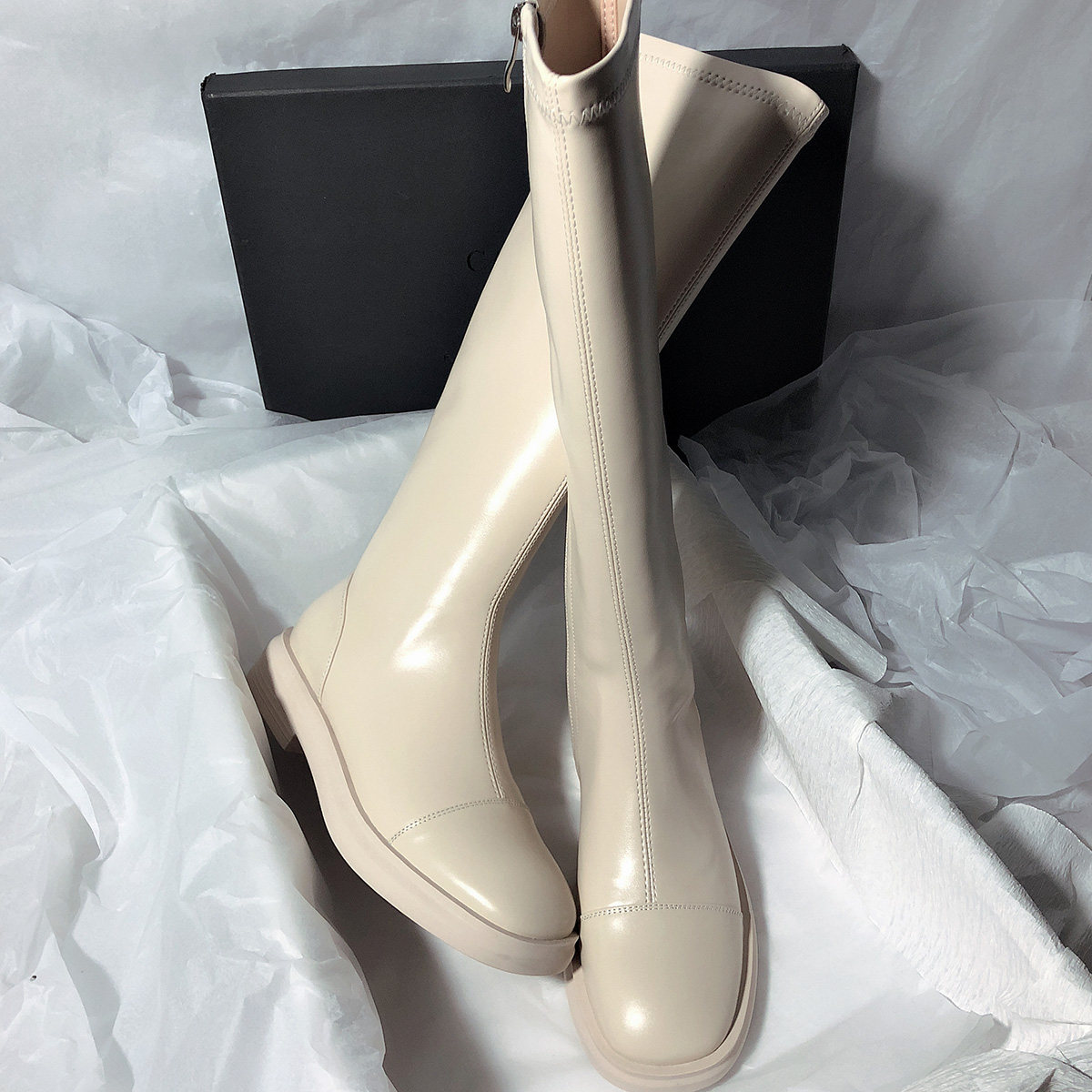 森屿海巷2022新款真皮平底高筒靴韩版简约百搭圆头不过膝长靴女