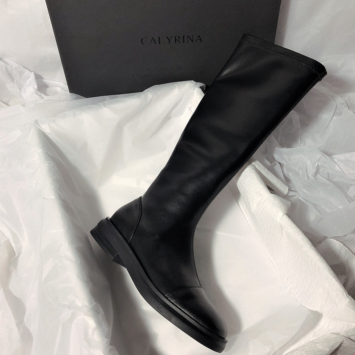森屿海巷2022新款真皮平底高筒靴韩版简约百搭圆头不过膝长靴女
