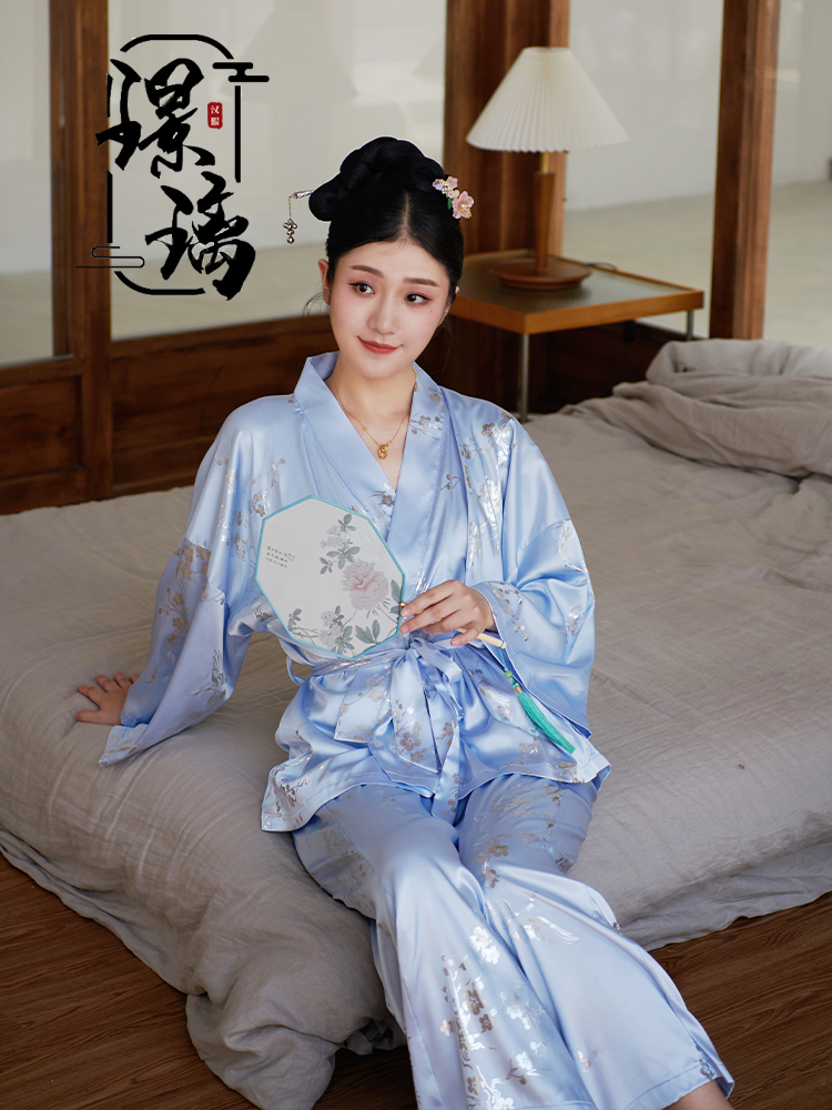 睡衣璟璃原创中国国风烫金春夏古风仿真真丝睡衣
