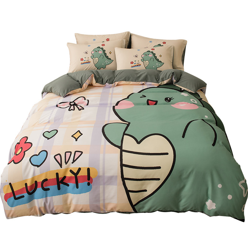 件套可爱卡通恐龙水洗四件磨毛被套床单单人床品套件