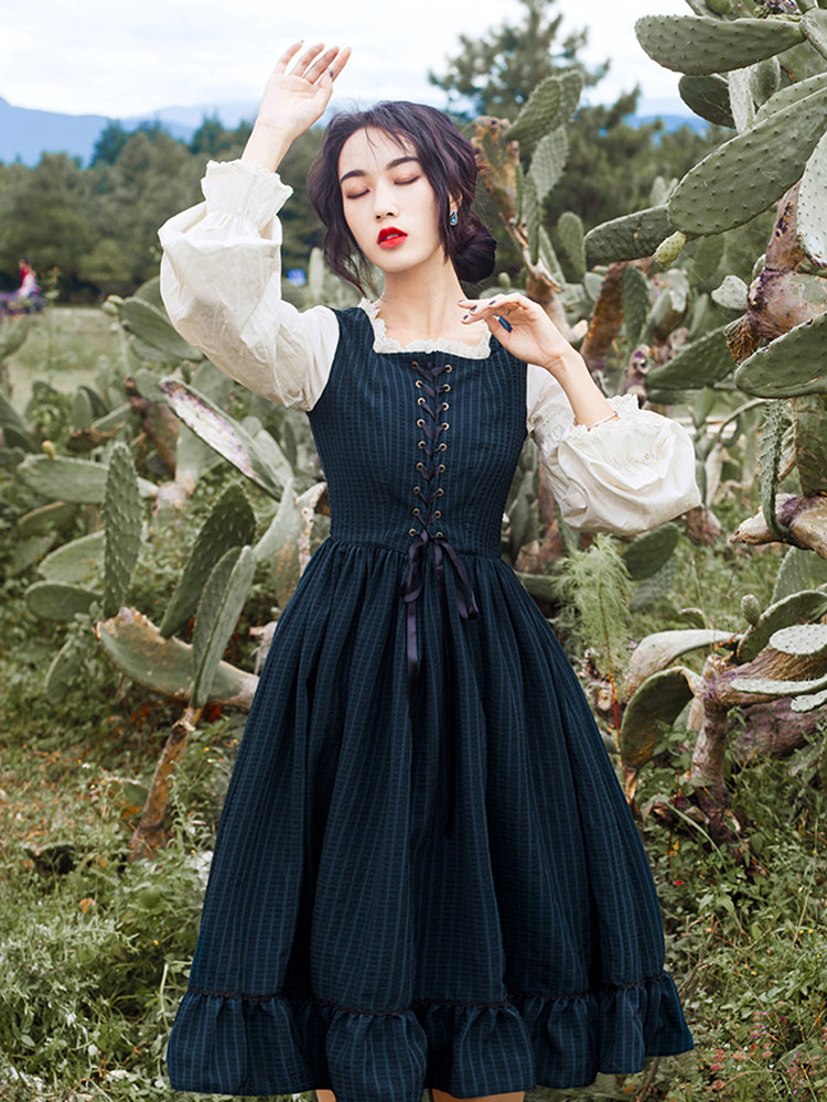 法式复古田园lolita洛丽塔宫廷风假两件连衣裙少女连衣裙