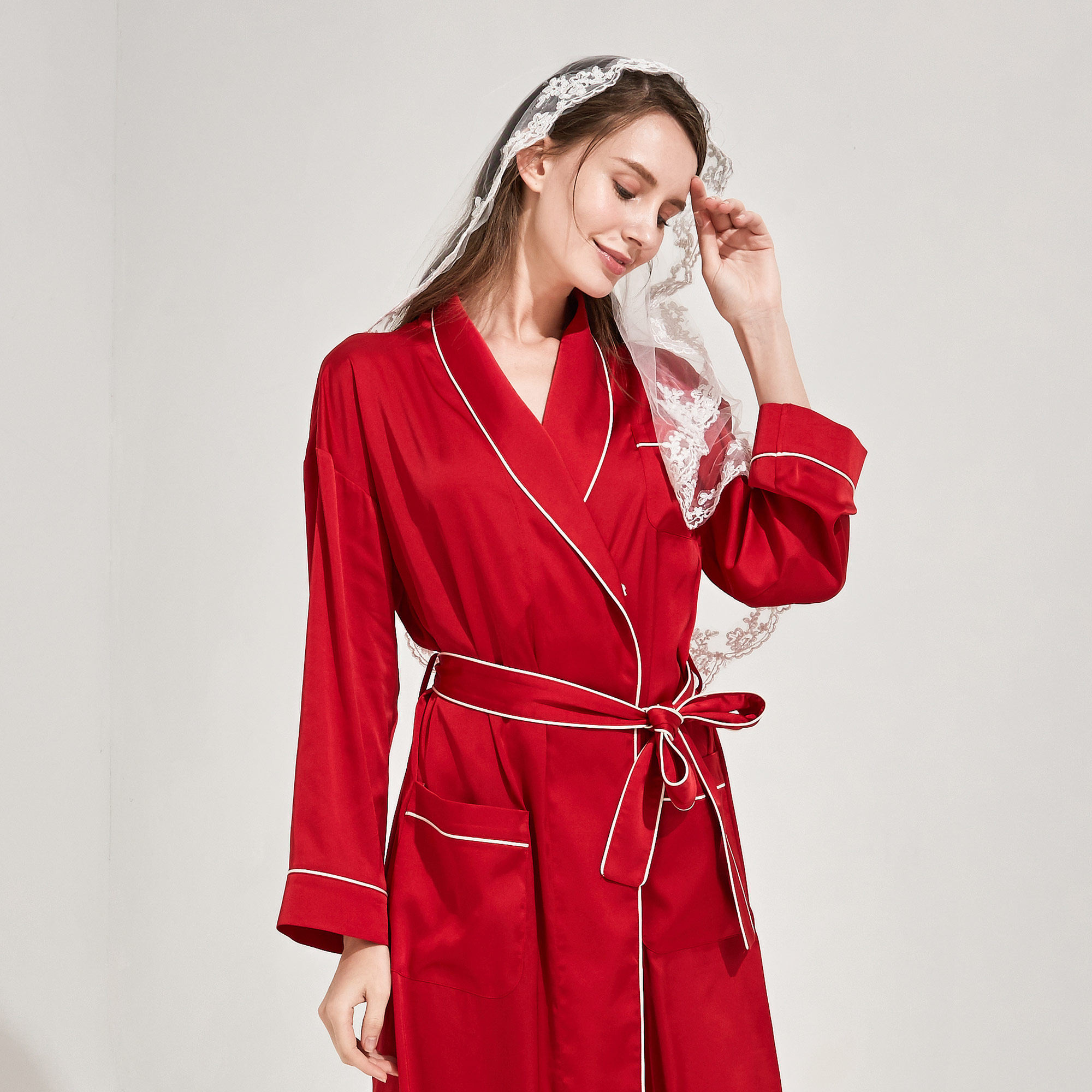 nt女士红色丝绸新婚中长睡袍浴袍性感翻领睡袍