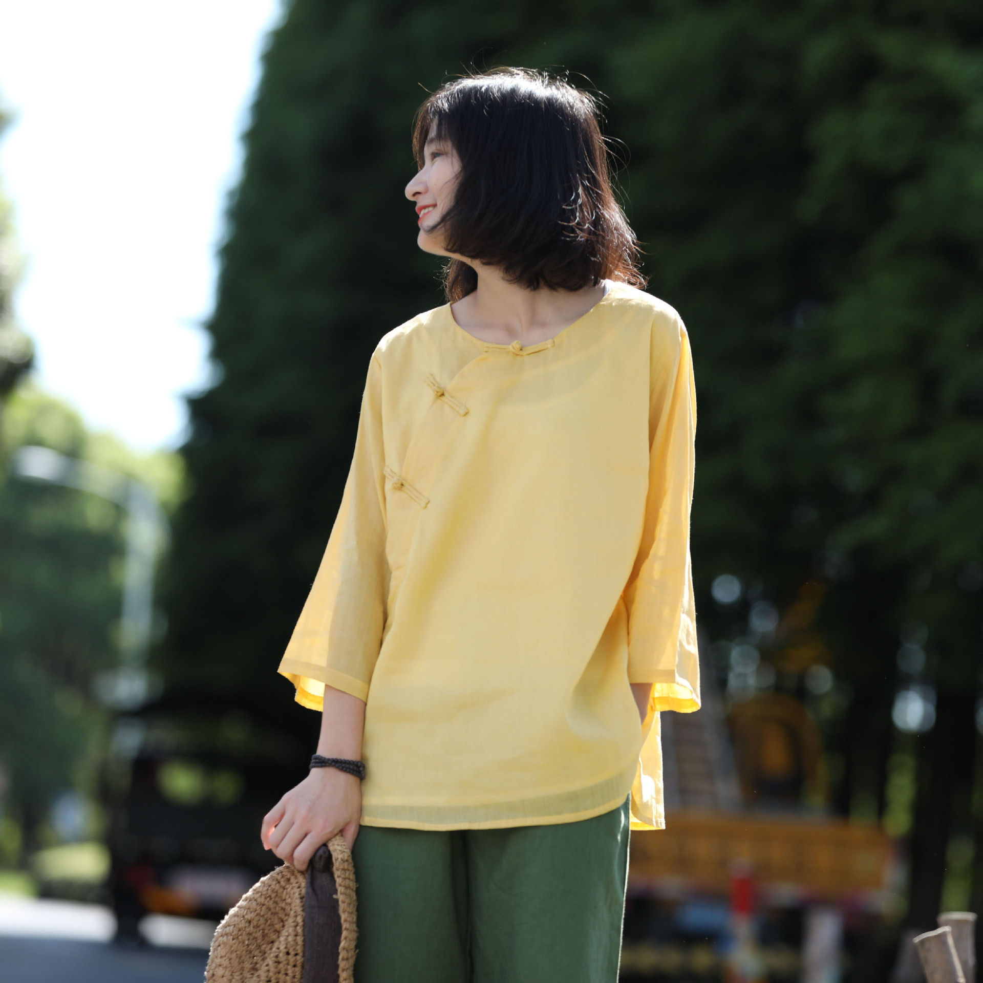 春秋原创圆领斜襟盘苎麻双层衬衫茶服女禅意文艺上衣