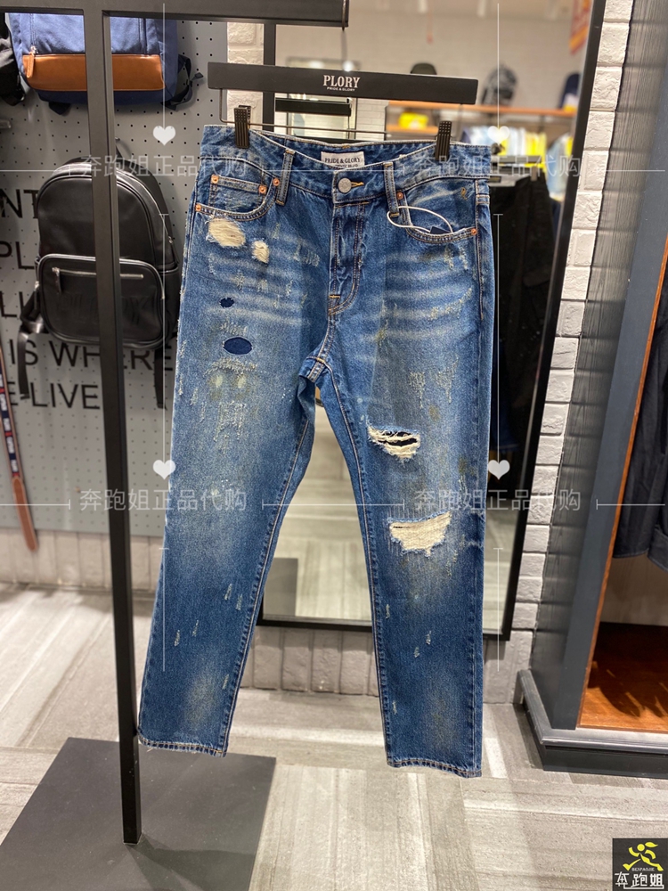 PLORY专柜正品 20年秋男裤复古水洗破洞休闲牛仔裤POTJA4903P 998