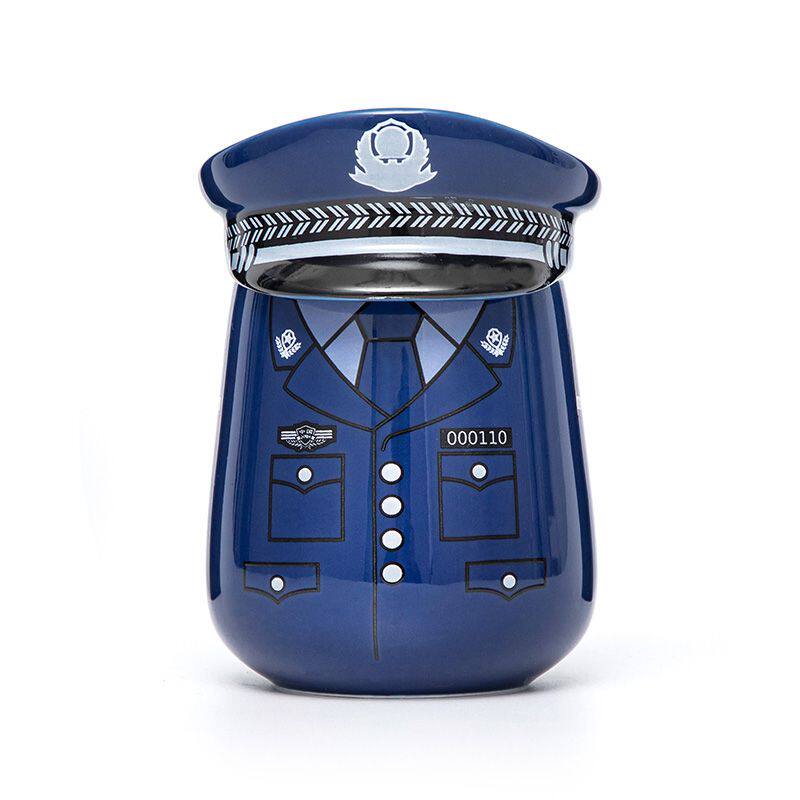 警察制服瓷杯蜀黍家创意水杯家用带盖勺马克杯