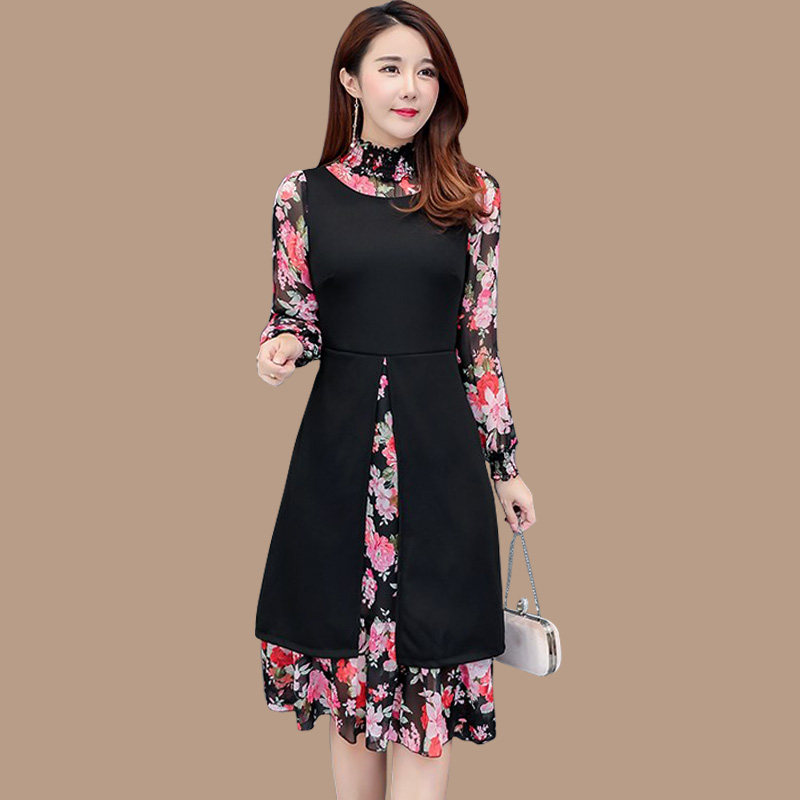 春天连衣裙女长袖花色裙子2020新款大码女裙显瘦妈妈装中长款花裙