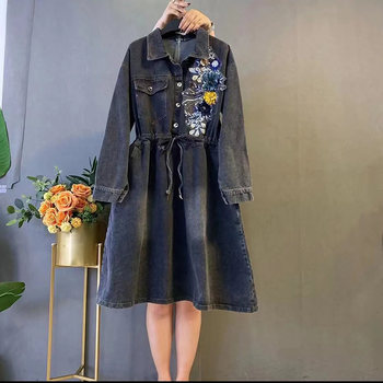 Fat Sister Spring and Summer New Plus Size Women's Clothing Heavy Beading Waist Thin Denim Dress Loose Slim Women's Skirt