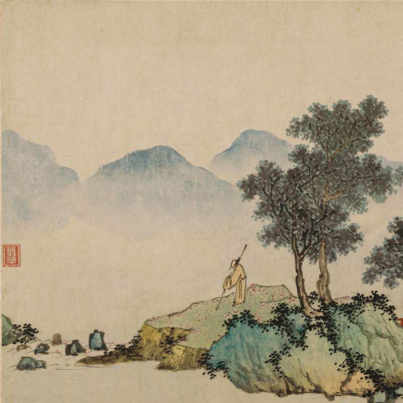 沈周落花诗意图复古书画山水人物横幅国画真迹国画