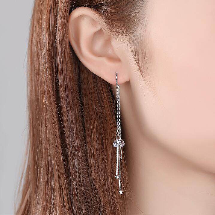 s925纯银锆石长款流苏耳线女韩版简约气质耳环耳线